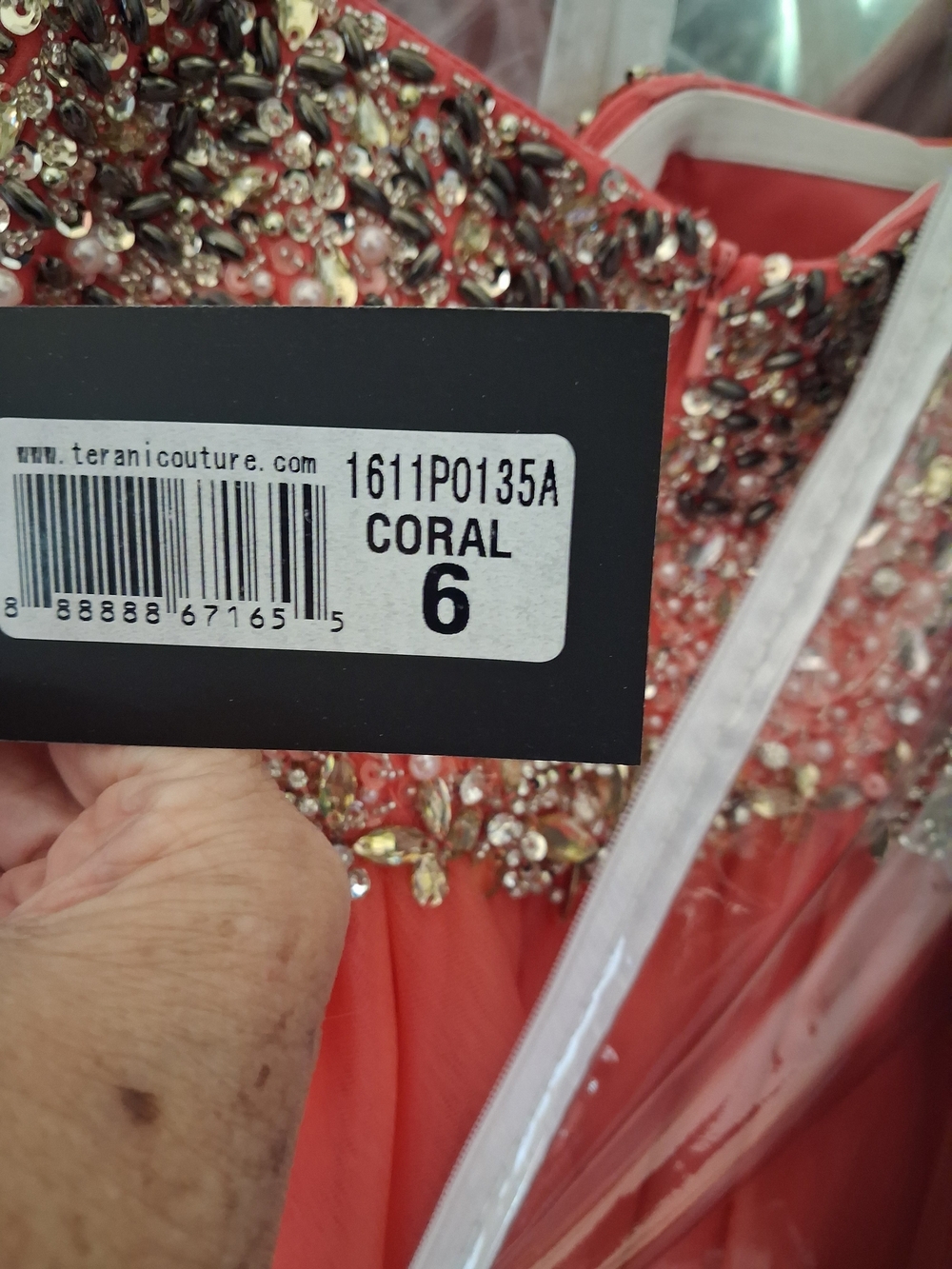 Terani Couture Coral Strapless Beaded Tulle Gown - Picture 5 of 5